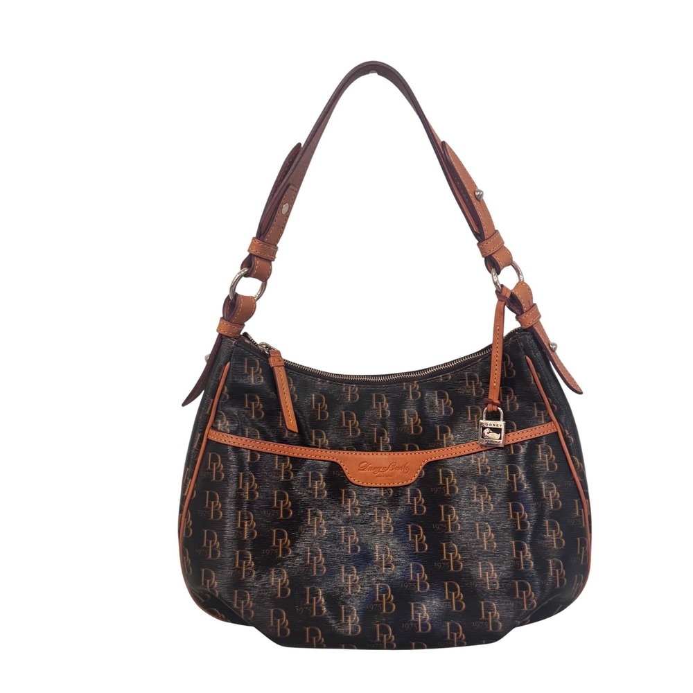 Dooney & Bourke 1975 Collins Monogram Hobo Brown‎ Coated Canvas Leather Trim EUC